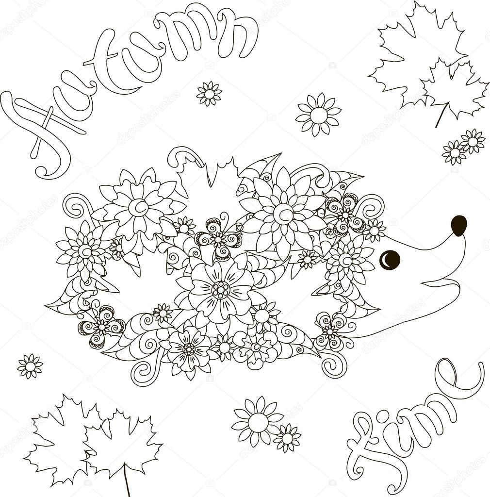 Online coloring book: Coloring book of hedgehog covered with flowers